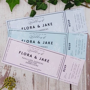 Pretty pastel ticket style wedding invitations with perforated tear off Rsvp, fun, festival, outdoor wedding, chic image 2