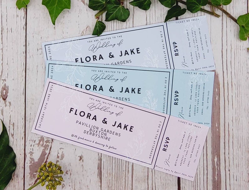 Pretty pastel ticket style wedding invitations with perforated tear off Rsvp, fun, festival, outdoor wedding, chic image 2