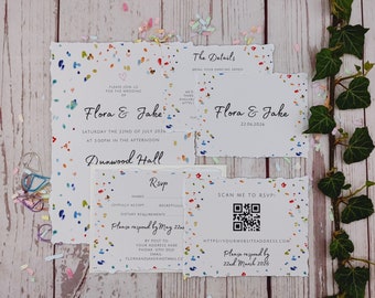 Confetti wedding invitation suite with RSVPs, details card or name & date card, customisable,multi coloured,soft torn edges, handmade