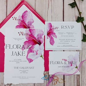 Tropical Hibiscus wedding invitations with rounded corners or Deckled edges, ribbon or clips, customisable, destination wedding image 2