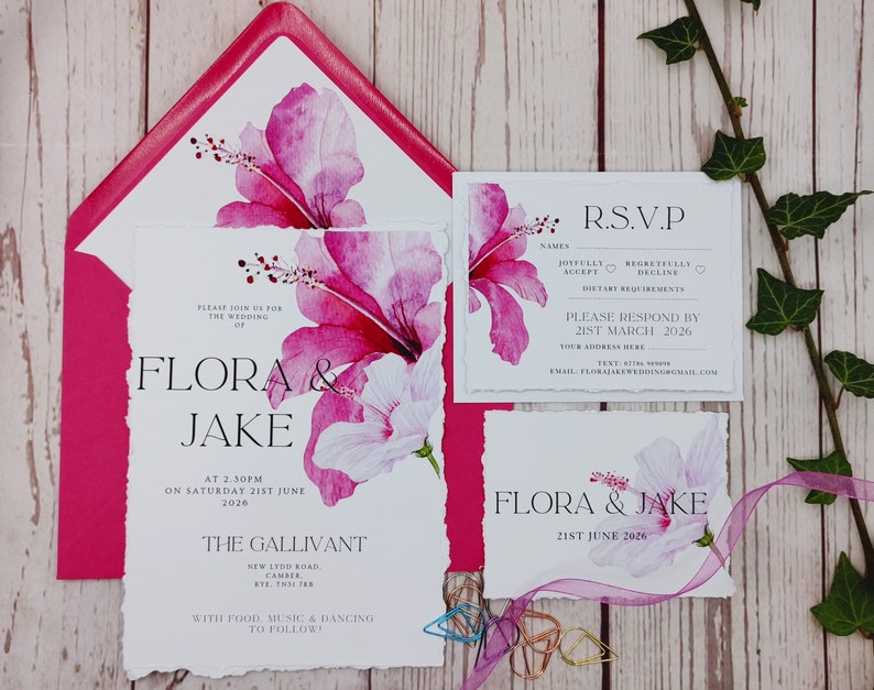Tropical Hibiscus wedding invitations with rounded corners or Deckled edges, ribbon or clips, customisable, destination wedding image 2