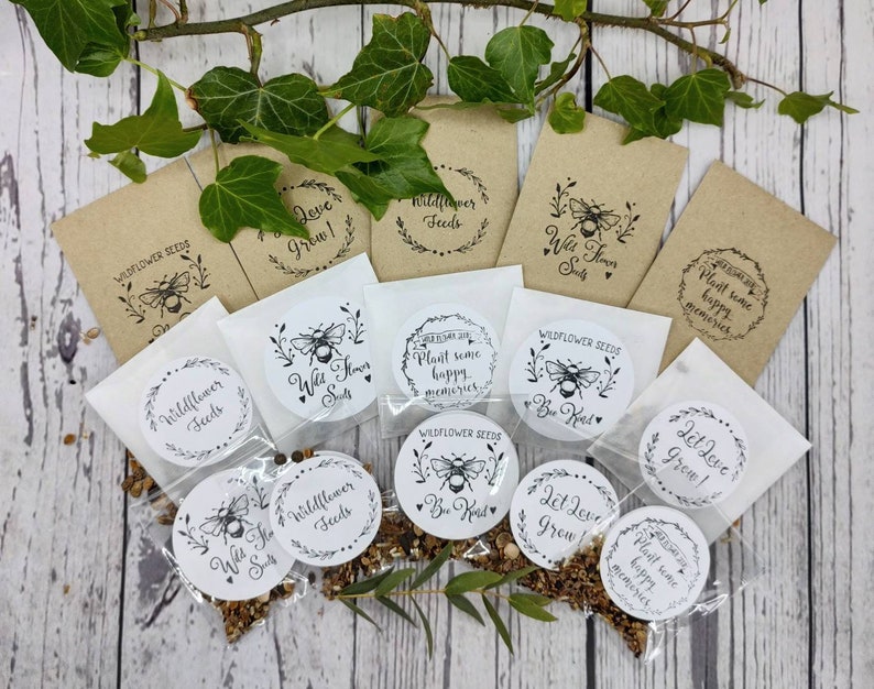 Bee & butterfly friendly wildflower seed packets for weddings, gifts, memorial, christening,parties. New eco friendly glassine bags! 