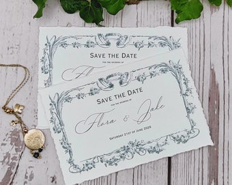 Rococo Save the Dates, printed on fine art cotton rag card with hand torn edges, baroque,ornate, vintage