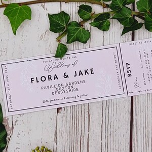 Pretty pastel ticket style wedding invitations with perforated tear off Rsvp, fun, festival, outdoor wedding, chic image 5