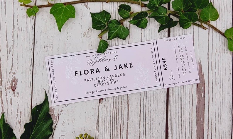 Pretty pastel ticket style wedding invitations with perforated tear off Rsvp, fun, festival, outdoor wedding, chic image 5