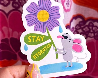 Clear Stay Hydrated Mouse Sticker | Water Bottle Sticker | Flower Sticker