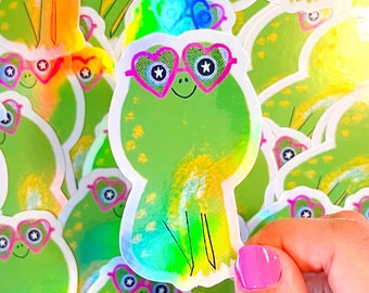 Holographic Froggy Vinyl Sticker | Frog Sticker | Heart Sunglasses Sticker