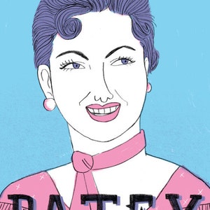 May include: A cartoon illustration of a woman with purple hair, wearing a pink shirt with a pink bow tie and the word "PATSY" printed on the front.