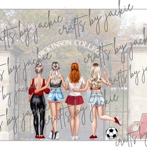 May include: Illustration of four women in front of a college gate. They wear shorts, skirts, and tops. A soccer ball and a college logo are at the bottom. The text "Dickinson College" is visible. The image has a hand-drawn style.