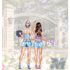 May include: Illustration of two young women in denim shorts and tops, standing in front of a university archway. One holds a fan, the other a tumbler. Text includes "Welcome to Room 24!", "Monmouth University", and names "Hailey and Hanna".