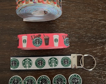 Lote de llaveros de café Starbucks, cinta de grosgrain y respaldos planos de resina