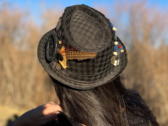 The Galactic Goddess Hat, Black Checkered Fedora Lid, Chains  display picture 2