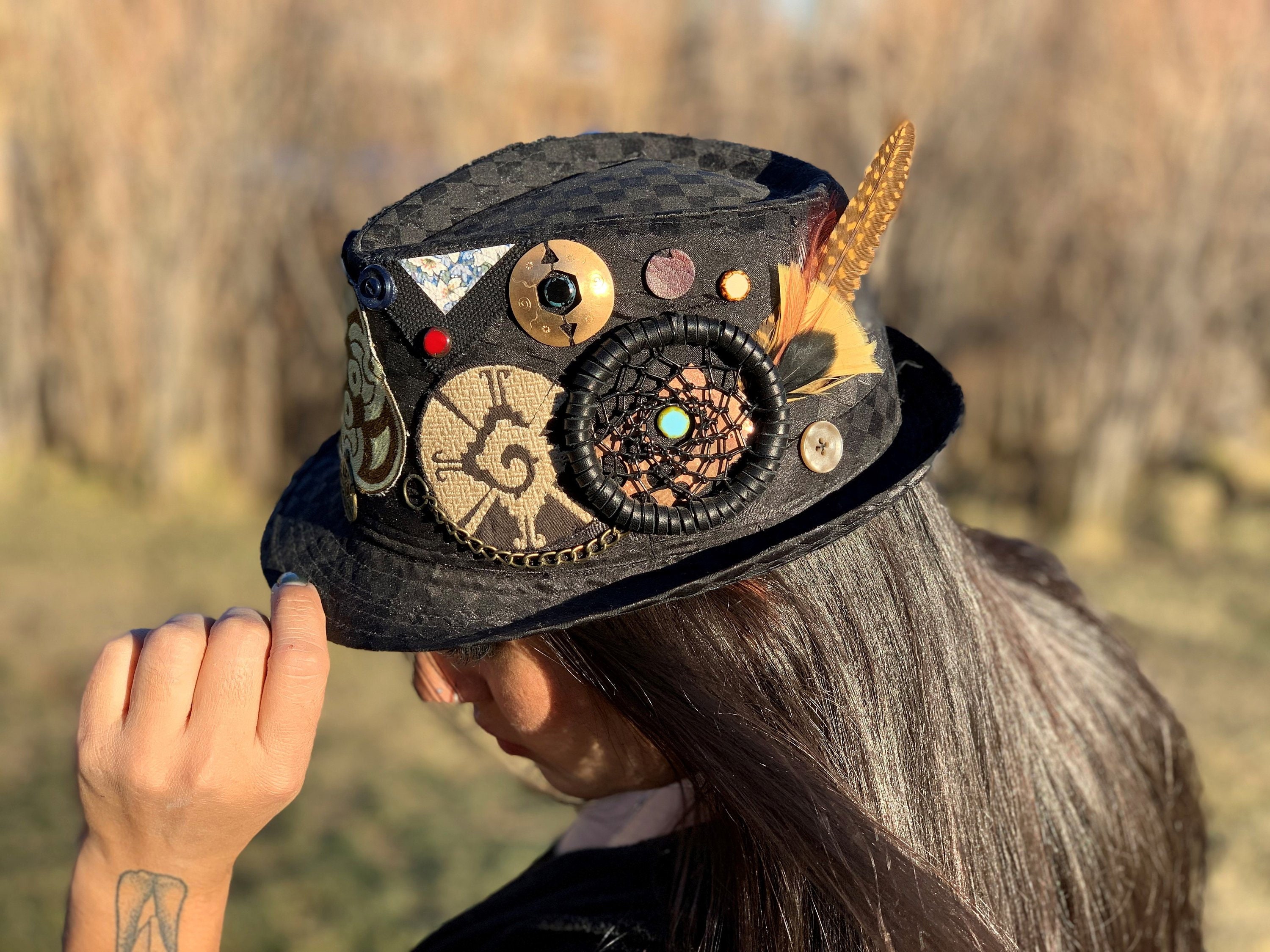 The Galactic Goddess Hat, Black Checkered Fedora Lid, Chains 