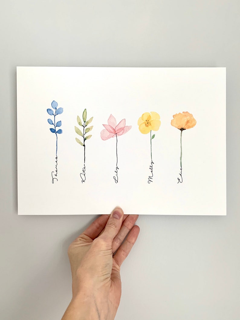 May include: A watercolor print featuring five stylized flowers with names written underneath each flower:  'Thana', 'Kita', 'Elly', 'Mally', and 'Chloe'.