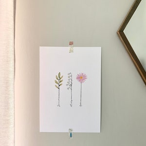 May include: A white print with three watercolor illustrations of flowers and leaves. The flowers are labeled "Lily", "Rose", and "Jasmine".