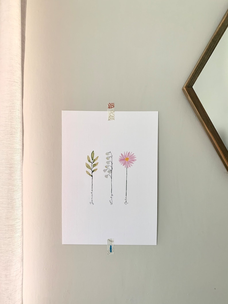May include: A white print with three watercolor illustrations of flowers and leaves. The flowers are labeled "Lily", "Rose", and "Jasmine".