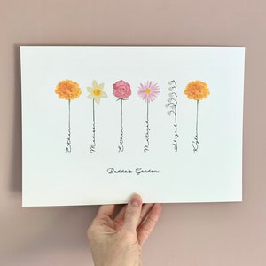 May include: A white print with six different flowers, each with a name written underneath. The names are: Ethan, Madison, Ethan, Mateo, Abigail, Kyle. The text at the bottom reads "Bride's Garden".