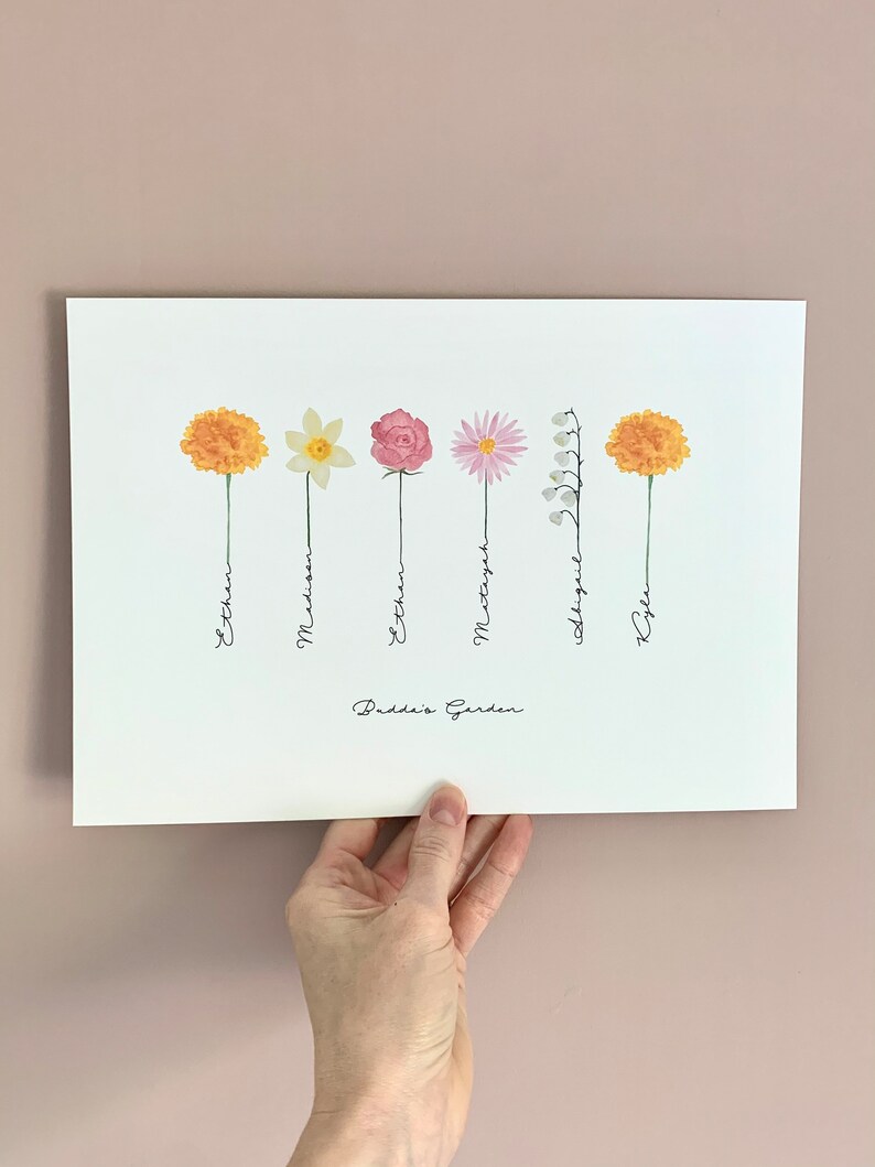 May include: A white print with six different flowers, each with a name written underneath. The names are: Ethan, Madison, Ethan, Mateo, Abigail, Kyle. The text at the bottom reads "Bride's Garden".