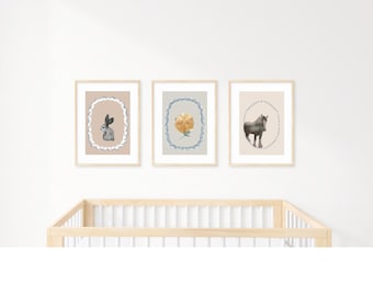 Set of 3 Nursery Prints, Guinea Pig, Rabbit and Horse