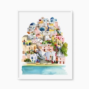 Peut inclure: Peinture &agrave; l'aquarelle d'un village blanc avec des b&acirc;timents aux d&ocirc;mes bleus, sur fond de mer bleu turquoise. Le village est construit &agrave; flanc de colline avec des marches menant aux b&acirc;timents. Il y a des arbres et des buissons verts dans tout le village.