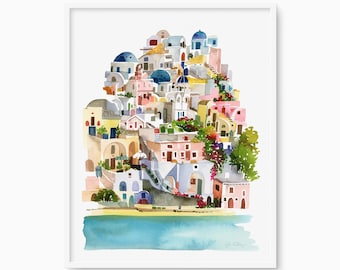 Santorini Oia Greece Art Print, Painted European Coast, Travel Wall Decor, Mediterranean Destination Artwork, Greek Island Decor