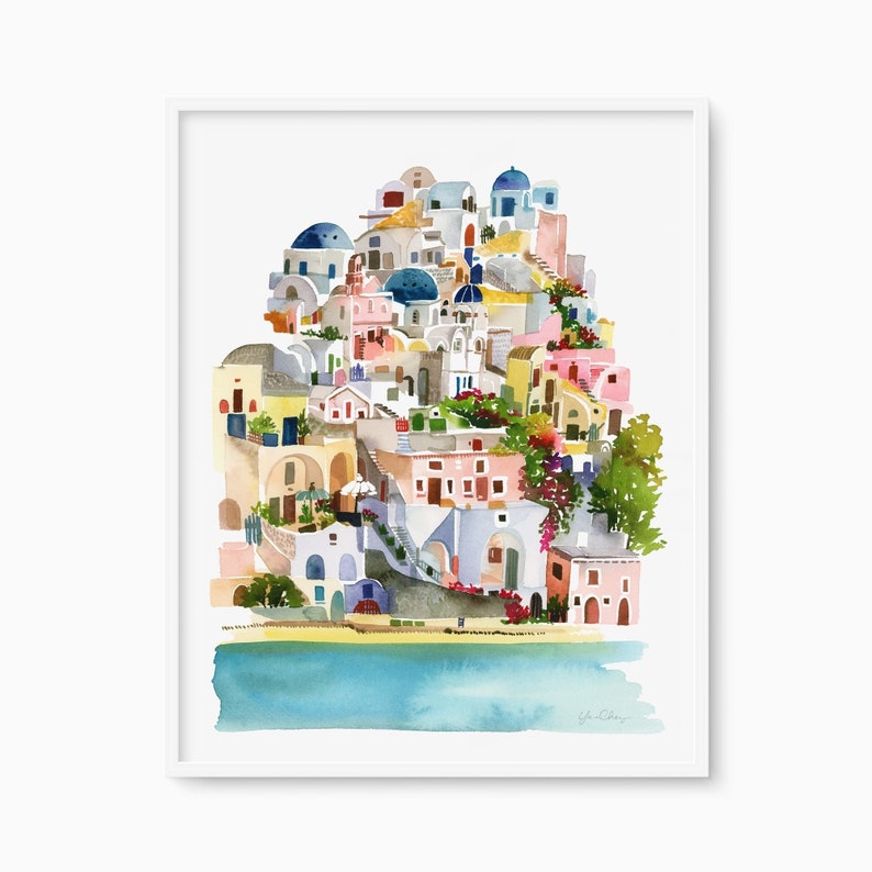 Peut inclure: Peinture &agrave; l'aquarelle d'un village blanc avec des b&acirc;timents aux d&ocirc;mes bleus, sur fond de mer bleu turquoise. Le village est construit &agrave; flanc de colline avec des marches menant aux b&acirc;timents. Il y a des arbres et des buissons verts dans tout le village.