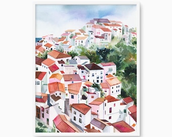Casares Andalusia Spain Watercolor Art Print, Charming Village Architecture, Spanish Landscape, Mediterranean Travel Poster