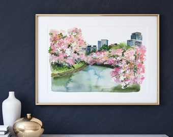 Tokyo Art Print, Cherry and Plum Blossoms Painting, Japan Watercolor, Painted Tokyo Park, Travel Gift