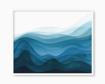 Ocean 1- Blue Waves Wall Art, Peaceful Navy Print of the Sea, Beach and Vacation Home, Indigo Coastal Watercolor, California Decor