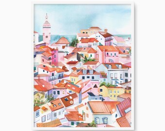 Lissabon Portugal Aquarell Druck, Luzern Stadtansicht, Mediterrane Architektur