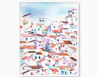 Casares Spanien Aquarell Druck, andalusisches Dorf Wandkunst