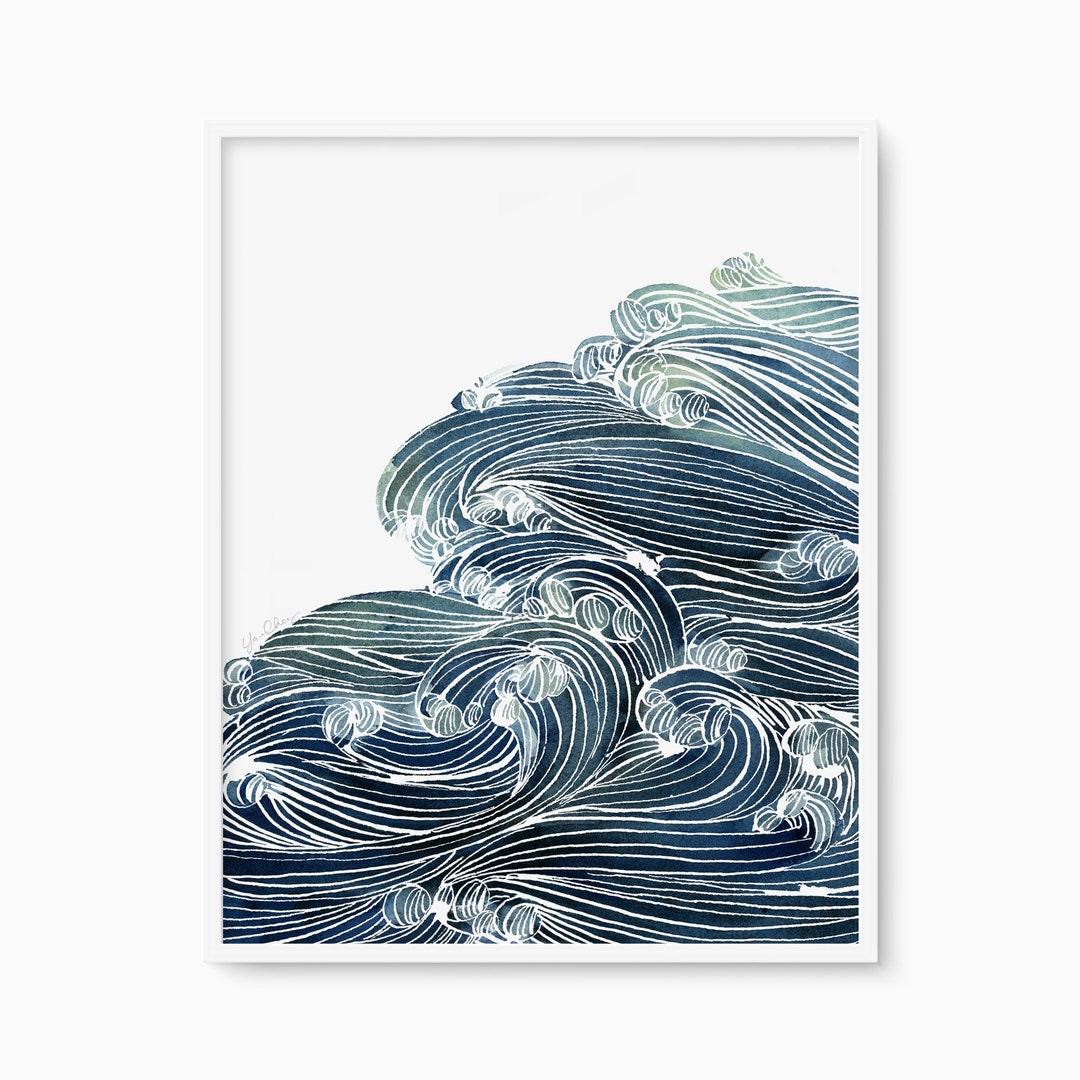 Ocean Printed Ocean Waves Coastal Art Watercolor Sea Print Blue Nautical - Etsy