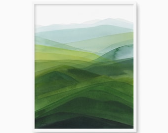 Green Rolling Hills Watercolor Art Print – Serene Landscape