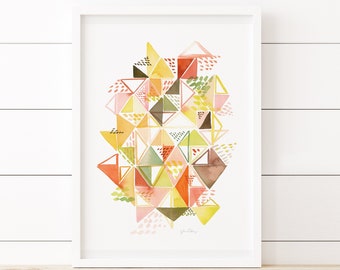 Orange and Brown Abstract Art, Watercolor Print of Geometric Triangles, Fall and Autumn Decor