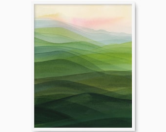 Hills 1- Sunrise Green Rolling Hills, Painted Art California Wine Country, Scenic Tuscany, Ireland, Abstract Serene Watercolor Landscape