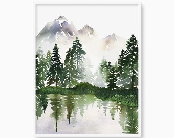 See und immergrüne Bäume Druck, Aquarell Bergszene, Cabin Decor