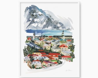 Reykjavik, IJsland Capitol Art Print, aquarel geschilderd Reykjavik, reizen print muur poster