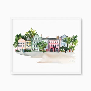 Rainbow Row Charleston Art Print, Watercolor Travel Illustrations, Southern Decor, Painted Wall Art, Unique Vacation Gift