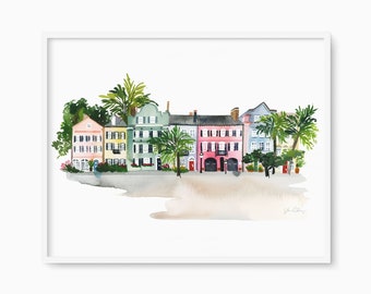 Rainbow Row Charleston Art Print, Watercolor Travel Illustrations, Southern Decor, Painted Wall Art, Unique Vacation Gift