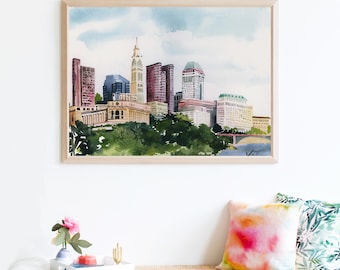 Columbus Ohio Fine Art Print, Archival Watercolor Skyline Cityscape Poster, Scioto River Travel Decor, Midwest Architectural Wall Art