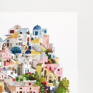 Peut inclure: Peinture &agrave; l'aquarelle d'un village blanc et bleu avec une &eacute;glise au d&ocirc;me bleu. Le village est construit &agrave; flanc de colline et comporte de nombreux escaliers. La peinture est r&eacute;alis&eacute;e dans un style libre et impressionniste.
