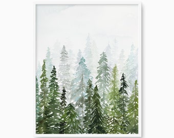 Evergreen Trees Print, Misty Pine Mountain Art, Painted Forest Watercolor, Outdoors and Nature Wall Decor, Peaceful Painting