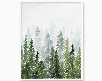 Immergrüner Wald Aquarell Druck, Neblige Berge Malerei