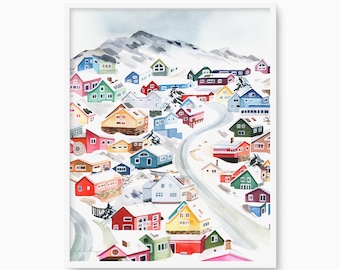 Nordische Qaqortoq Grönland Winterdorf Aquarell Kunstdruck