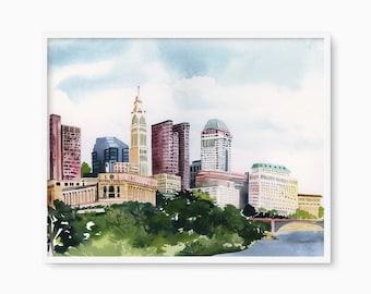 Columbus Ohio Skyline Aquarell Kunstdruck, Capstatt City Illustration
