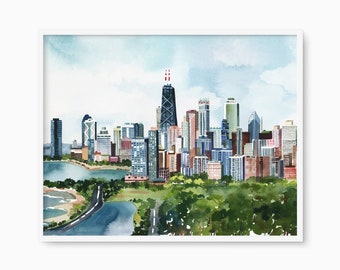Chicago Downtown Art Print, Painted Illinois Poster, Large Watercolor Skyline