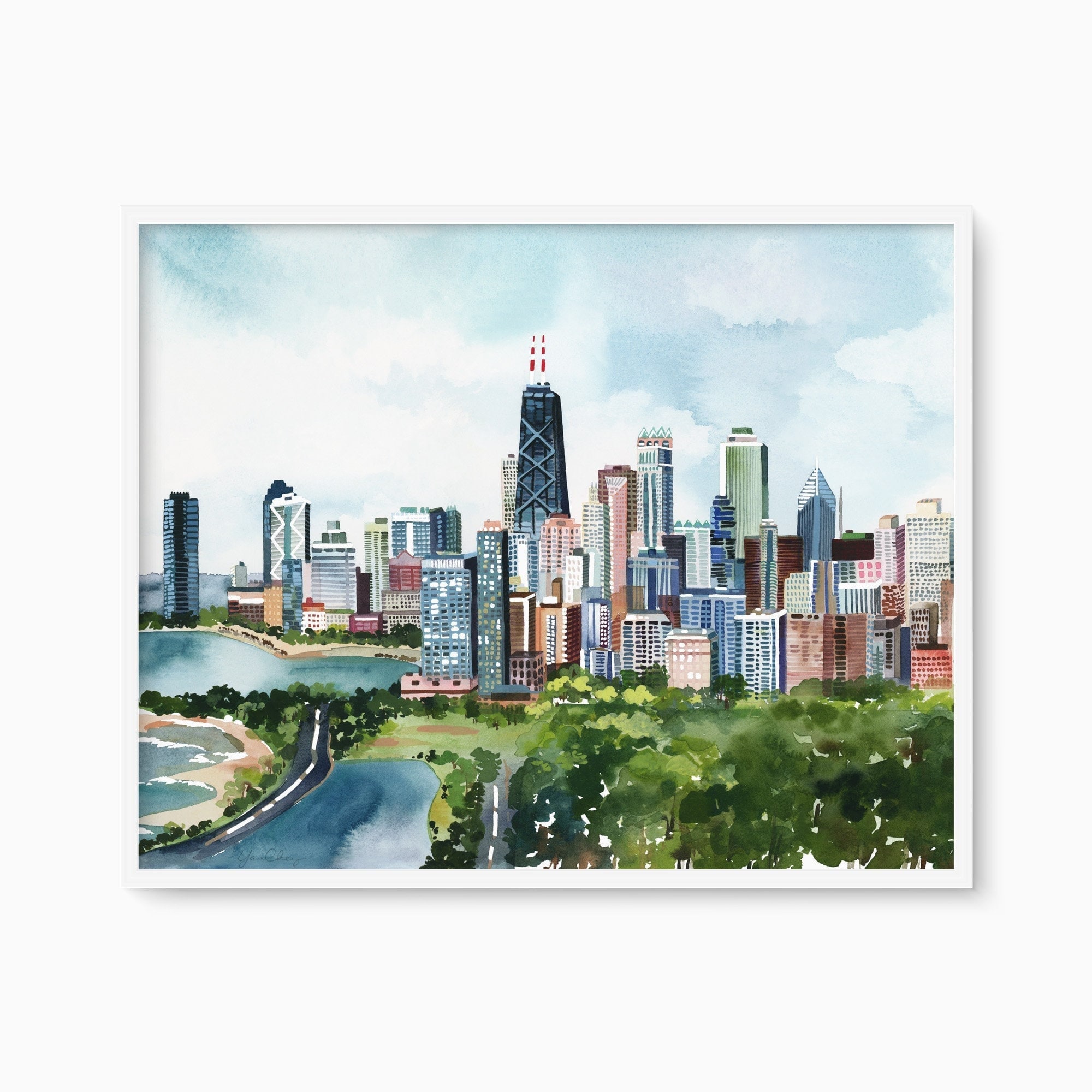 Chicago Downtown Art Print, Large Watercolor Skyline Poster, Painted Illinois Cityscape Decor, Modern Urban Wall Art