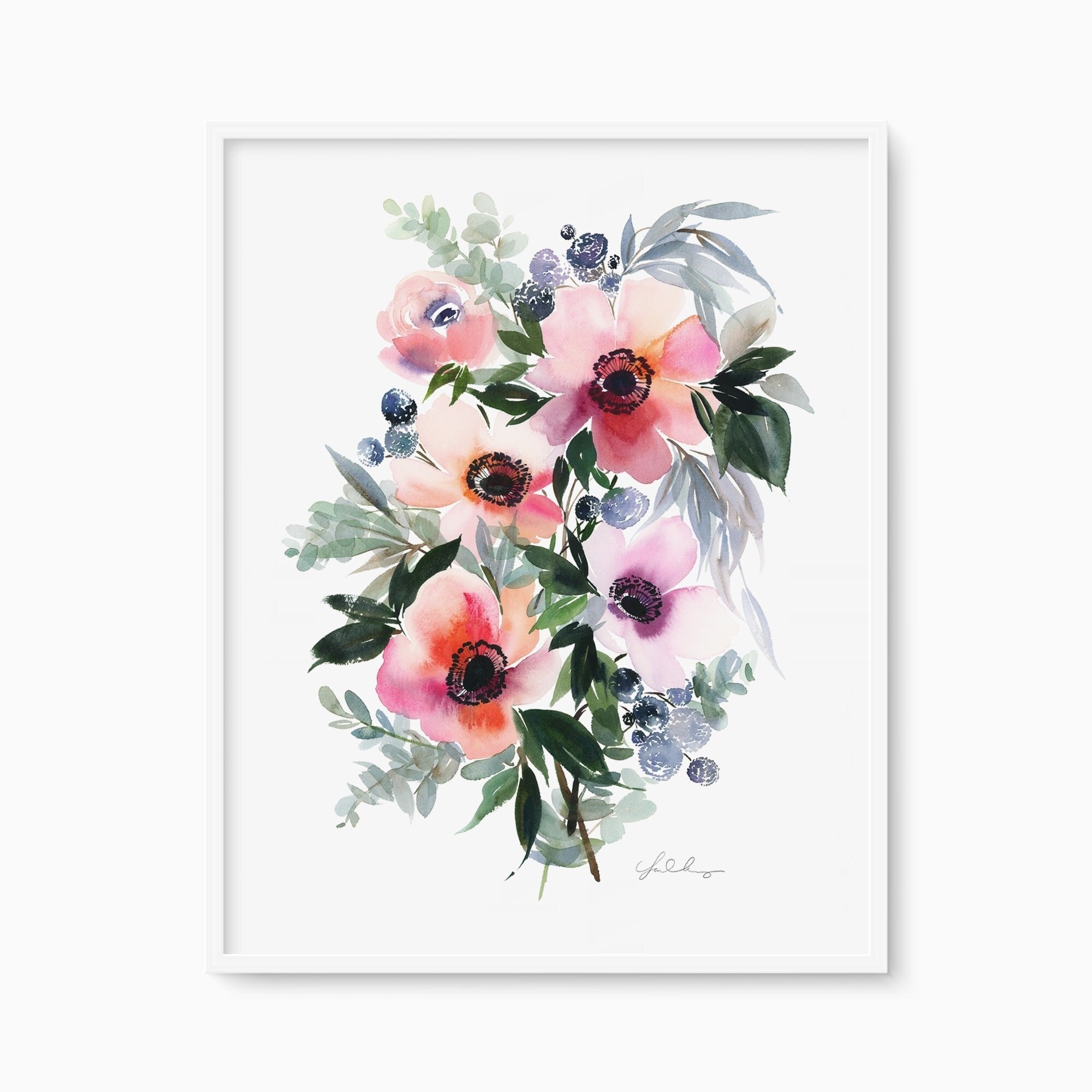 赤とピンクのアネモネの水彩画アートプリント、花のイラスト - Etsy 日本