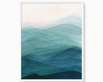 Blauer Nebel Bereich Aquarell Bergdruck, Malerische Landschaftskunst