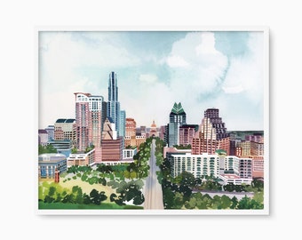 Austin Downtown Print, Texas State Capitol Art, Large Watercolor Travel Poster, U.S. Cities Artwork, Austin Skyline Decor